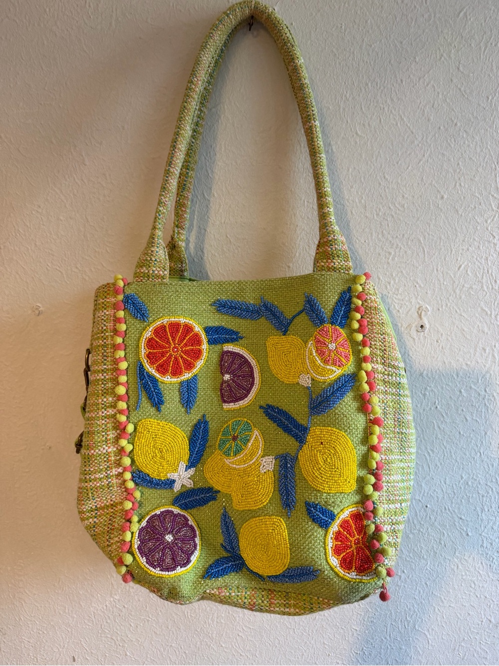 Lime Green Citrus Embroidered Tote Bag